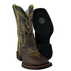 Bota Texana Masculina Durango Kit Flex Couro Marrom Cano Preto Com Bordado Amarelo E Branco Bota Texana Masculina Durango Kit Flex Couro Marrom Cano Preto Com Bordado Amarelo E Branco