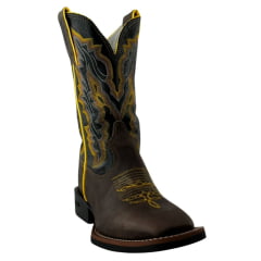 Bota Texana Masculina Durango Kit Flex Couro Marrom Cano Preto Com Bordado Amarelo E Branco