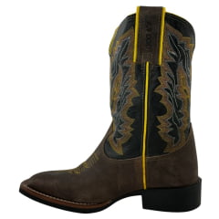 Bota Texana Masculina Durango Kit Flex Couro Marrom Cano Preto Com Bordado Amarelo E Branco