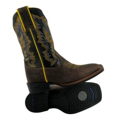 Bota Texana Masculina Durango Kit Flex Couro Marrom Cano Preto Com Bordado Amarelo E Branco