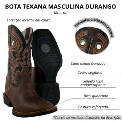 Bota Texana Masculina Durango Kit Flex Couro Marrom Cano Preto Com Bordado Laranja Branco E Vermelho