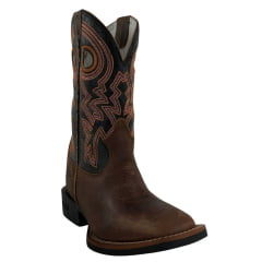 Bota Texana Masculina Durango Kit Flex Couro Marrom Cano Preto Com Bordado Laranja Branco E Vermelho