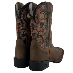 Bota Texana Masculina Durango Kit Flex Couro Marrom Cano Preto Com Bordado Laranja Branco E Vermelho