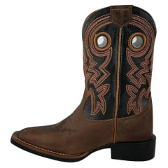 Bota Texana Masculina Durango Kit Flex Couro Marrom Cano Preto Com Bordado Laranja Branco E Vermelho