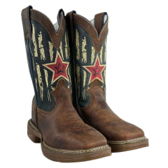 Bota Texana Masculina Durango Tougher Saloon White Mustang Couro Marrom/Azul Bordado Creme Estrela Vermelha