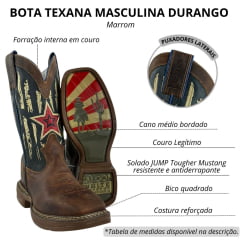 Bota Texana Masculina Durango Tougher Saloon White Mustang Couro Marrom/Azul Bordado Creme Estrela Vermelha