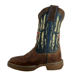 Bota Texana Masculina Durango Tougher Saloon White Mustang Couro Marrom/Azul Bordado Creme Estrela Vermelha
