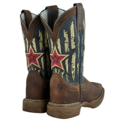 Bota Texana Masculina Durango Tougher Saloon White Mustang Couro Marrom/Azul Bordado Creme Estrela Vermelha