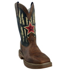 Bota Texana Masculina Durango Tougher Saloon White Mustang Couro Marrom/Azul Bordado Creme Estrela Vermelha
