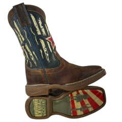 Bota Texana Masculina Durango Tougher Saloon White Mustang Couro Marrom/Azul Bordado Creme Estrela Vermelha