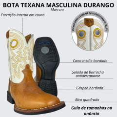 Bota Texana Masculina Durango Bico Quadrado Canela Marrom Cano Branco Laranja