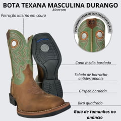 Bota Texana Masculina Durango Bico Quadrado Cano Verde Bordado