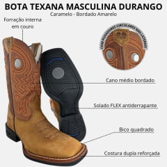 Bota Texana Masculina Durango Bico Quadrado Caramelo Cano Médio Bordado Solado Flex