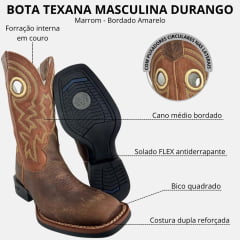 Bota Texana Masculina Durango Bico Quadrado Marrom Cano Médio Bordado Amarelo