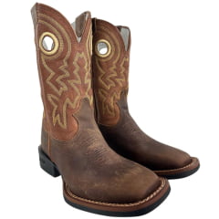 Bota Texana Masculina Durango Bico Quadrado Marrom Cano Médio Bordado Amarelo