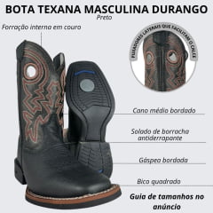 Bota Texana Masculina Durango Bico Quadrado Preta Com Cano Bordado Vermelho