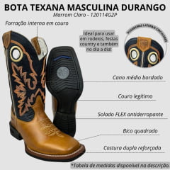 Bota Texana Masculina Durango Couro Canela/Azul Marinho Com Bordado Laranja Bico Quadrado Cost Gel REF: 120114G2P