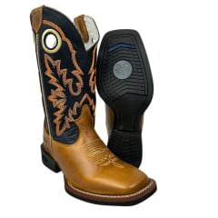 Bota Texana Masculina Durango Couro Canela/Azul Marinho Com Bordado Laranja Bico Quadrado Cost Gel REF: 120114G2P