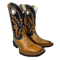 Bota Texana Masculina Durango Couro Canela/Azul Marinho Com Bordado Laranja Bico Quadrado Cost Gel REF: 120114G2P