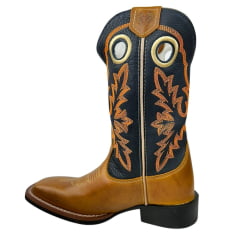 Bota Texana Masculina Durango Couro Canela/Azul Marinho Com Bordado Laranja Bico Quadrado Cost Gel REF: 120114G2P