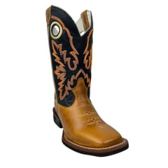 Bota Texana Masculina Durango Couro Canela/Azul Marinho Com Bordado Laranja Bico Quadrado Cost Gel REF: 120114G2P