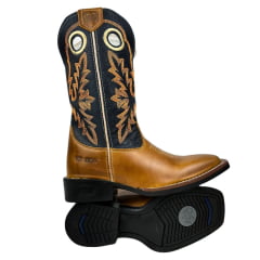 Bota Texana Masculina Durango Couro Canela/Azul Marinho Com Bordado Laranja Bico Quadrado Cost Gel REF: 120114G2P