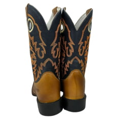 Bota Texana Masculina Durango Couro Canela/Azul Marinho Com Bordado Laranja Bico Quadrado Cost Gel REF: 120114G2P