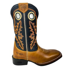 Bota Texana Masculina Durango Couro Canela/Azul Marinho Com Bordado Laranja Bico Quadrado Cost Gel REF: 120114G2P