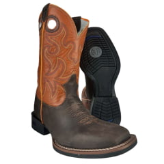 Bota Texana Masculina Durango Couro Marrom C/ Cano Laranja E Bordado Laranja/Marrom E  Florão