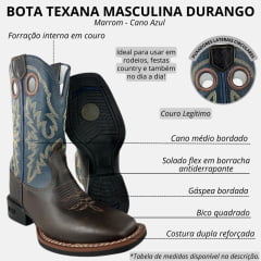 Bota Texana Masculina Durango Couro Marrom Cano Azul Bordado Bico Quadrado Flex