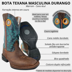 Bota Texana Masculina Durango Couro Marrom Cano Azul Bordado Verde E Laranja Bico Quadrado Flex