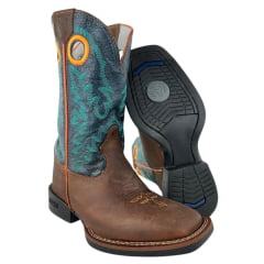 Bota Texana Masculina Durango Couro Marrom Cano Azul Bordado Verde E Laranja Bico Quadrado Flex