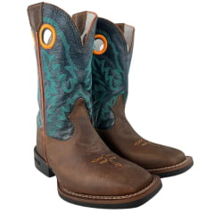 Bota Texana Masculina Durango Couro Marrom Cano Azul Bordado Verde E Laranja Bico Quadrado Flex