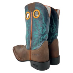 Bota Texana Masculina Durango Couro Marrom Cano Azul Bordado Verde E Laranja Bico Quadrado Flex