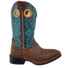 Bota Texana Masculina Durango Couro Marrom Cano Azul Bordado Verde E Laranja Bico Quadrado Flex