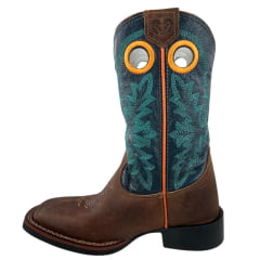 Bota Texana Masculina Durango Couro Marrom Cano Azul Bordado Verde E Laranja Bico Quadrado Flex