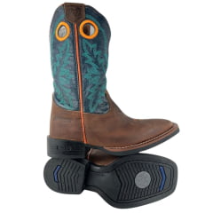 Bota Texana Masculina Durango Couro Marrom Cano Azul Bordado Verde E Laranja Bico Quadrado Flex