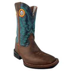 Bota Texana Masculina Durango Couro Marrom Cano Azul Bordado Verde E Laranja Bico Quadrado Flex
