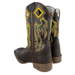 Bota Texana Masculina Durango Couro Marrom Escuro Bordado Amarelo Verde Laranja Bico Quadrado Solado Gel