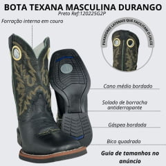 Bota Texana Masculina Durango Couro Preto Cano Bordado Solado Cost Gel Preto Ref 120225G2P