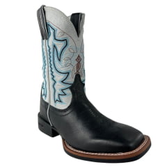Bota Texana Masculina Durango Couro Preto Cano Branco Bordado Azul Bico Quadrado Flex