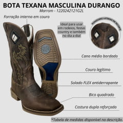 Bota Texana Masculina Durango Couro Prime Med Dog 2 Bico Quadrado Cost Gel REF: 1220242121G2L