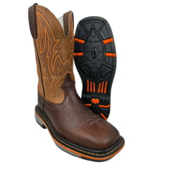 Bota Texana Masculina Durango Couro Red Dog Bronze Bordado Laranja Bico Quadrado Work Preto Faixa Laranja RF: 2225207222WKP