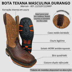 Bota Texana Masculina Durango Couro Red Dog Bronze Bordado Laranja Bico Quadrado Work Preto Faixa Laranja RF: 2225207222WKP