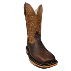 Bota Texana Masculina Durango Couro Red Dog Bronze Bordado Laranja Bico Quadrado Work Preto Faixa Laranja RF: 2225207222WKP