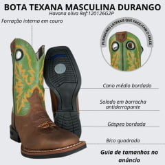 Bota Texana Masculina Durango Couro Red Dog Havana Oliva Bordado Laranja Solado Cost Gel Preto Ref 120126G2P