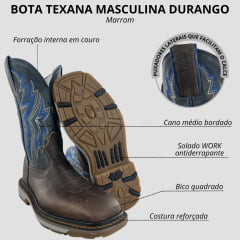 Bota Texana Masculina Durango Marrom Bordado Azul Marrom Dourado Solado Work