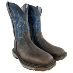 Bota Texana Masculina Durango Marrom Bordado Azul Marrom Dourado Solado Work