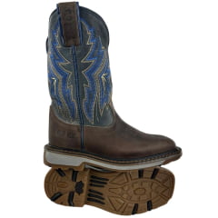 Bota Texana Masculina Durango Marrom Bordado Azul Marrom Dourado Solado Work