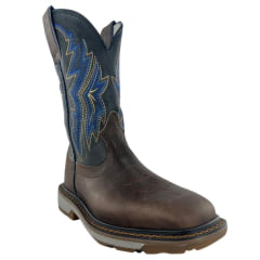 Bota Texana Masculina Durango Marrom Bordado Azul Marrom Dourado Solado Work